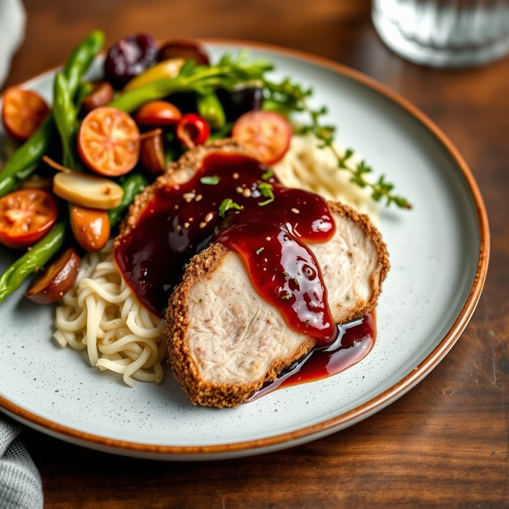 Medaljonger av svinekjøtt med sennepsfrøskorpe og rødvinsaus