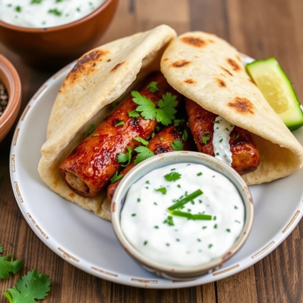 Mediterranean pølsepitaer med tzatzikisaus