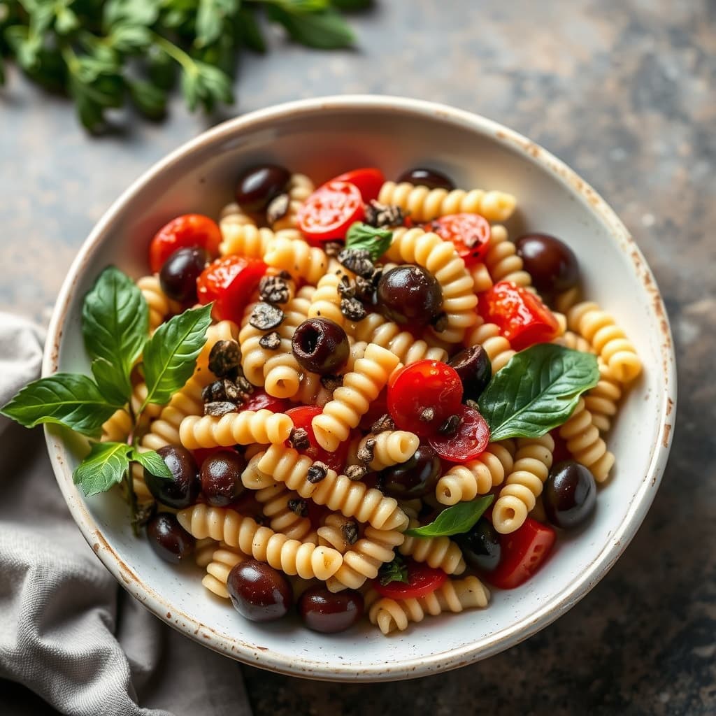 Mediterranes pastasalat med oliven og kapers