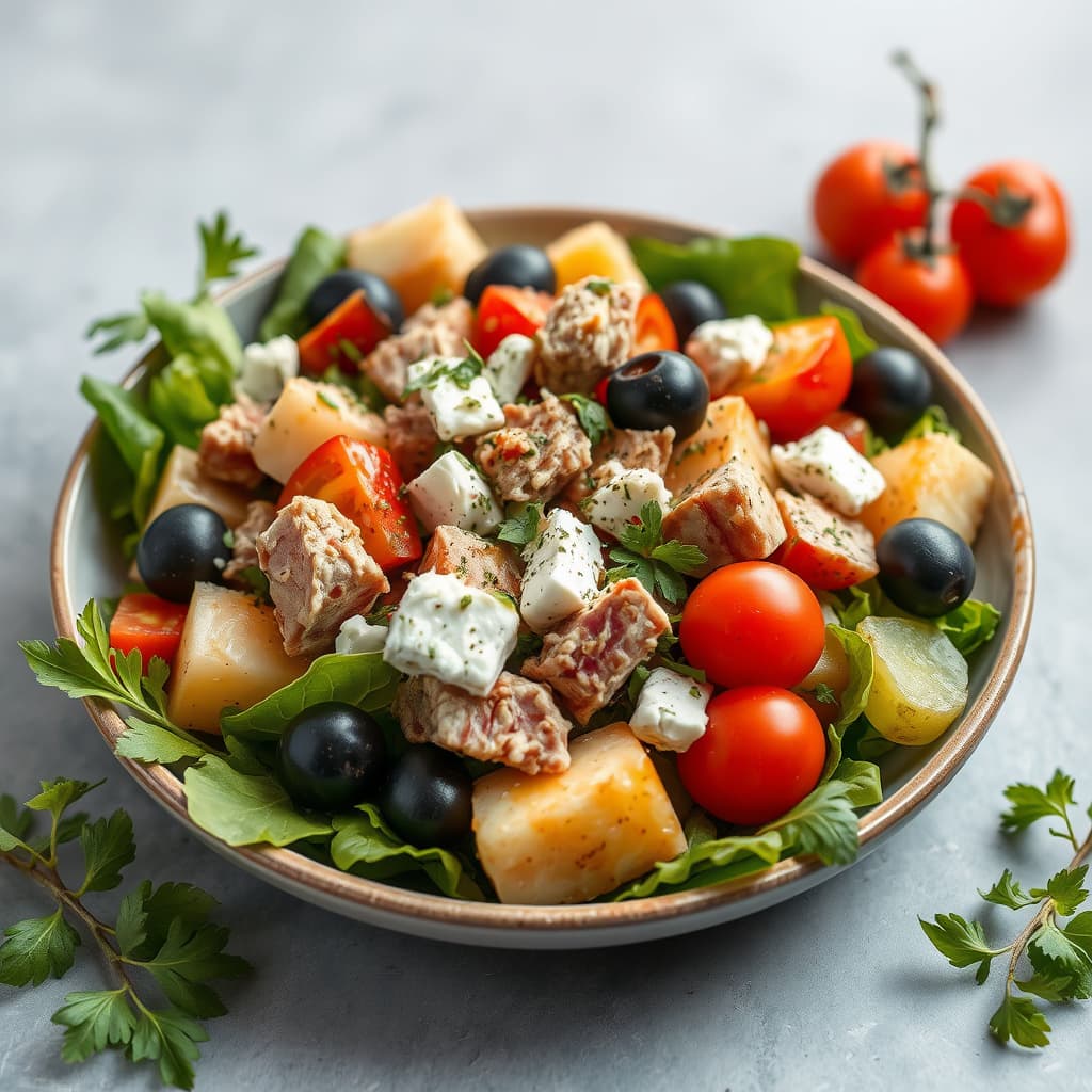 Mediterranes tunfisk-, potet-, oliven- og fetaostsalat med hvitløksdressing