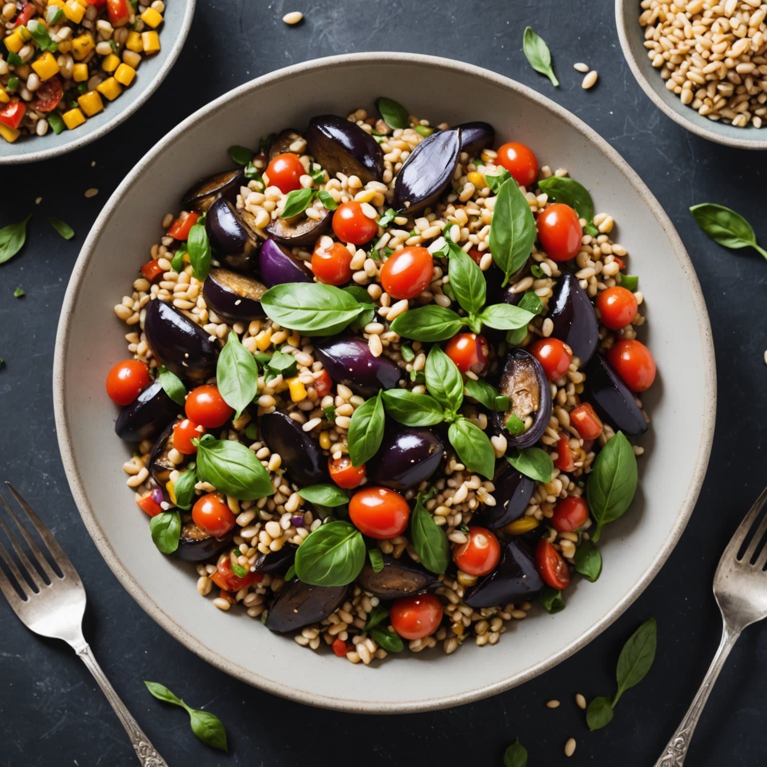 Mediterransk aubergine- og byggsalat