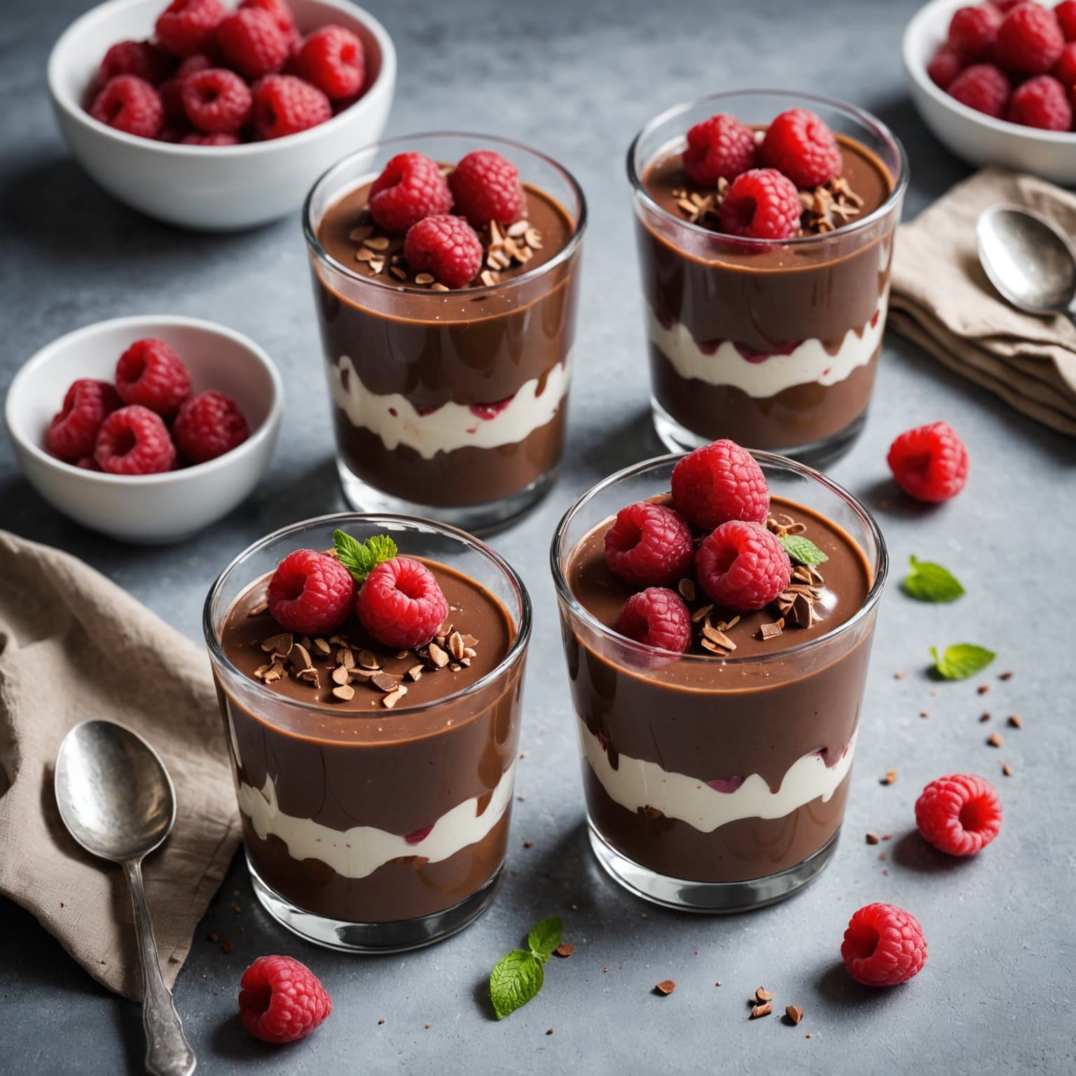 Melkechokoladepuddingparfait med bringebær