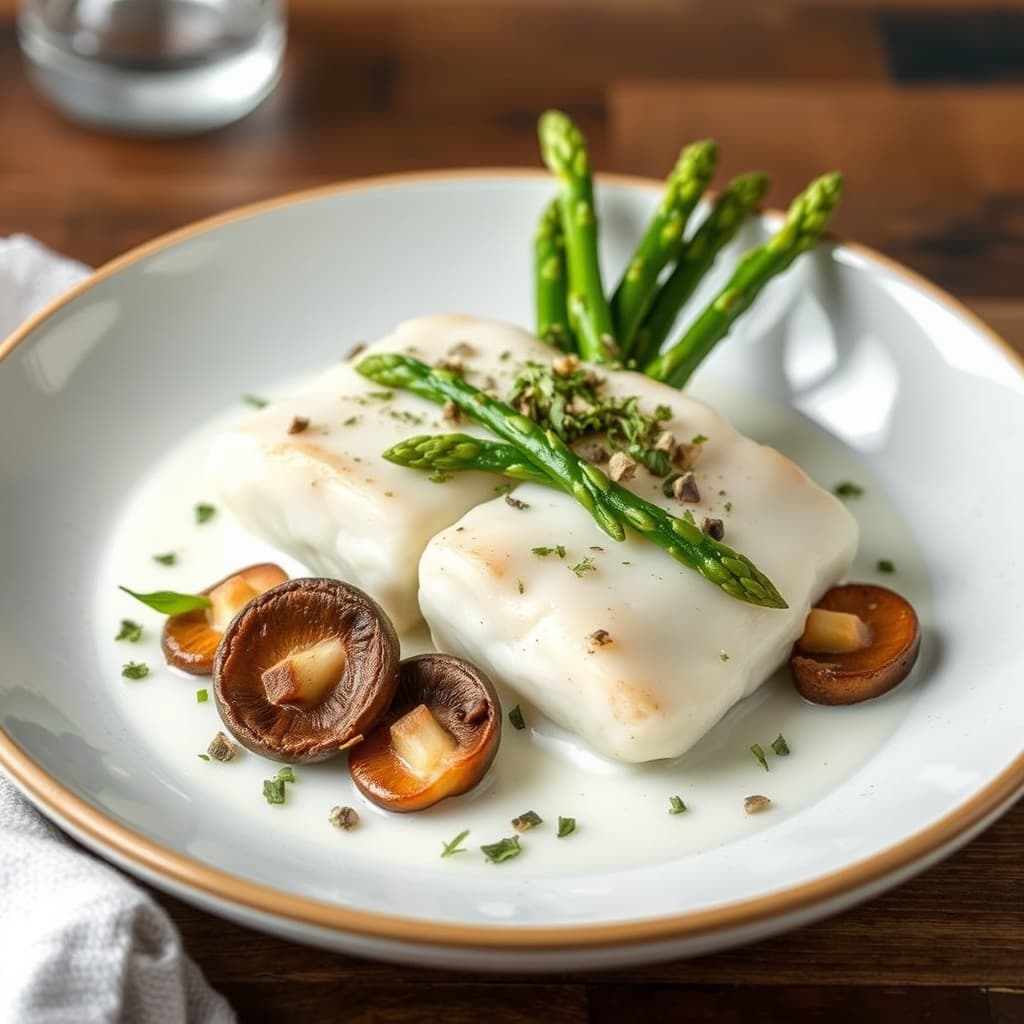 Melkepotet Alaskahavabbor med asparges og morellsopper