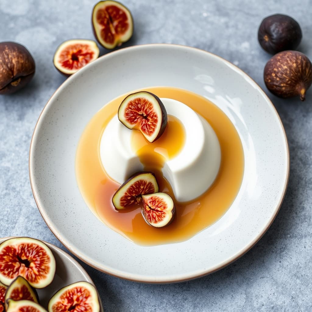 Melkepudding med rosenvannkaramell og fiken