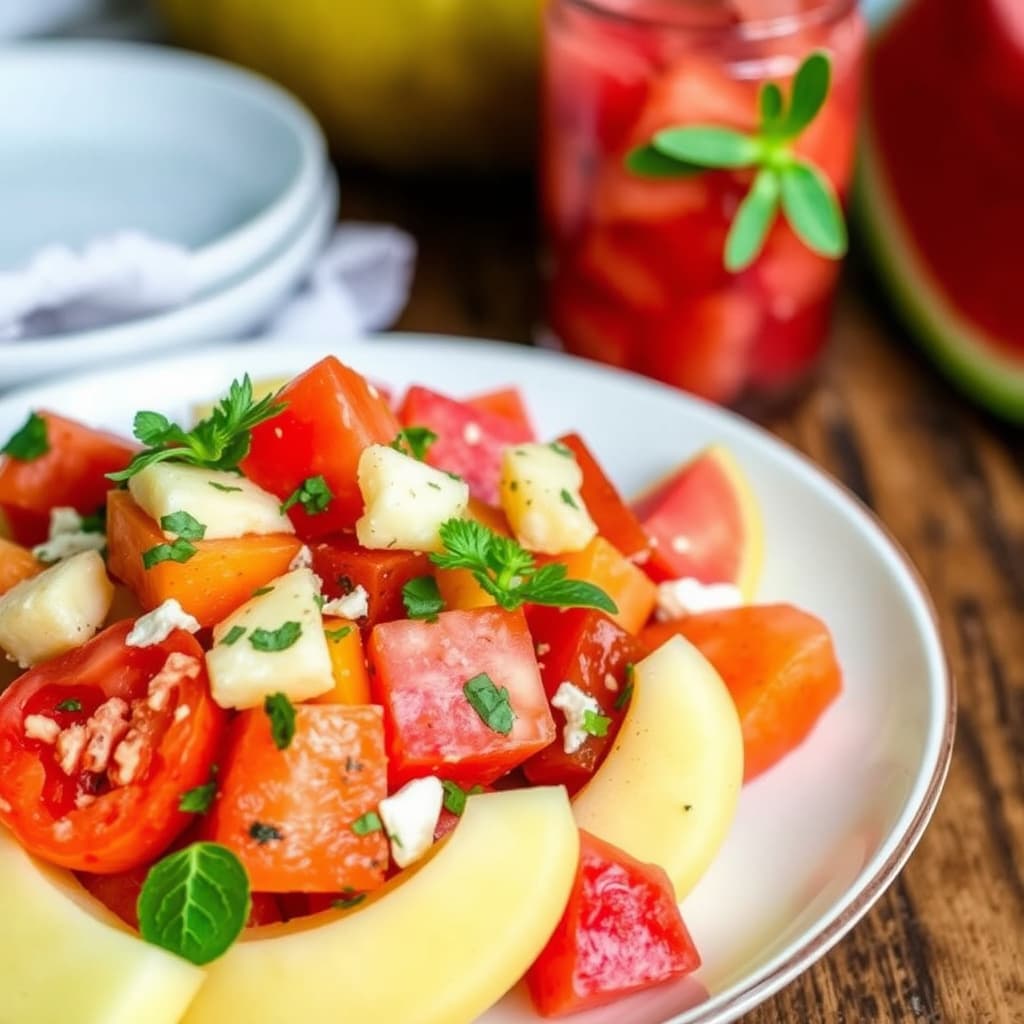 Melon- og heirloom-tomatsalat med syltet vannmelon og melonshot