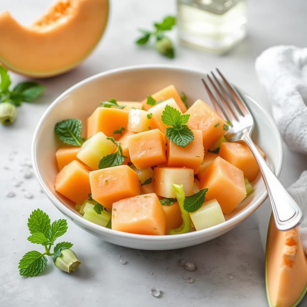 Melonsalat med cantaloupe og selleri, servert med myntedressing