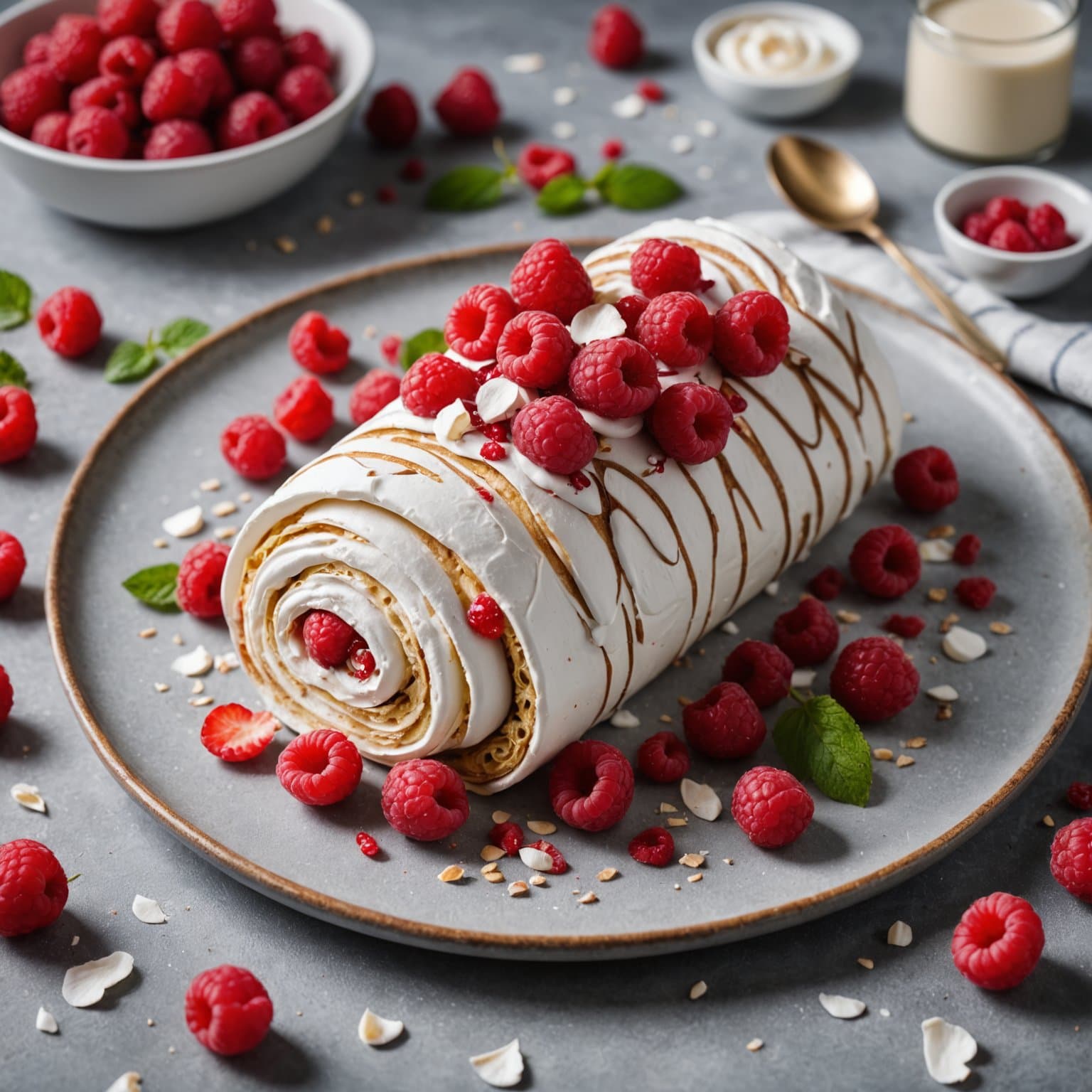Meringue-roulade med rosenblader og ferske bringebær