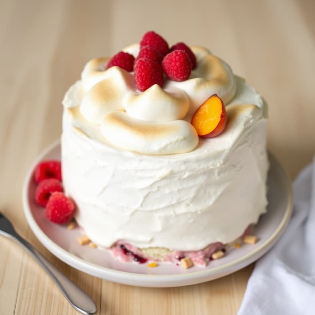 Meringue-toppet bringebær- og ferskenskake med iskrem