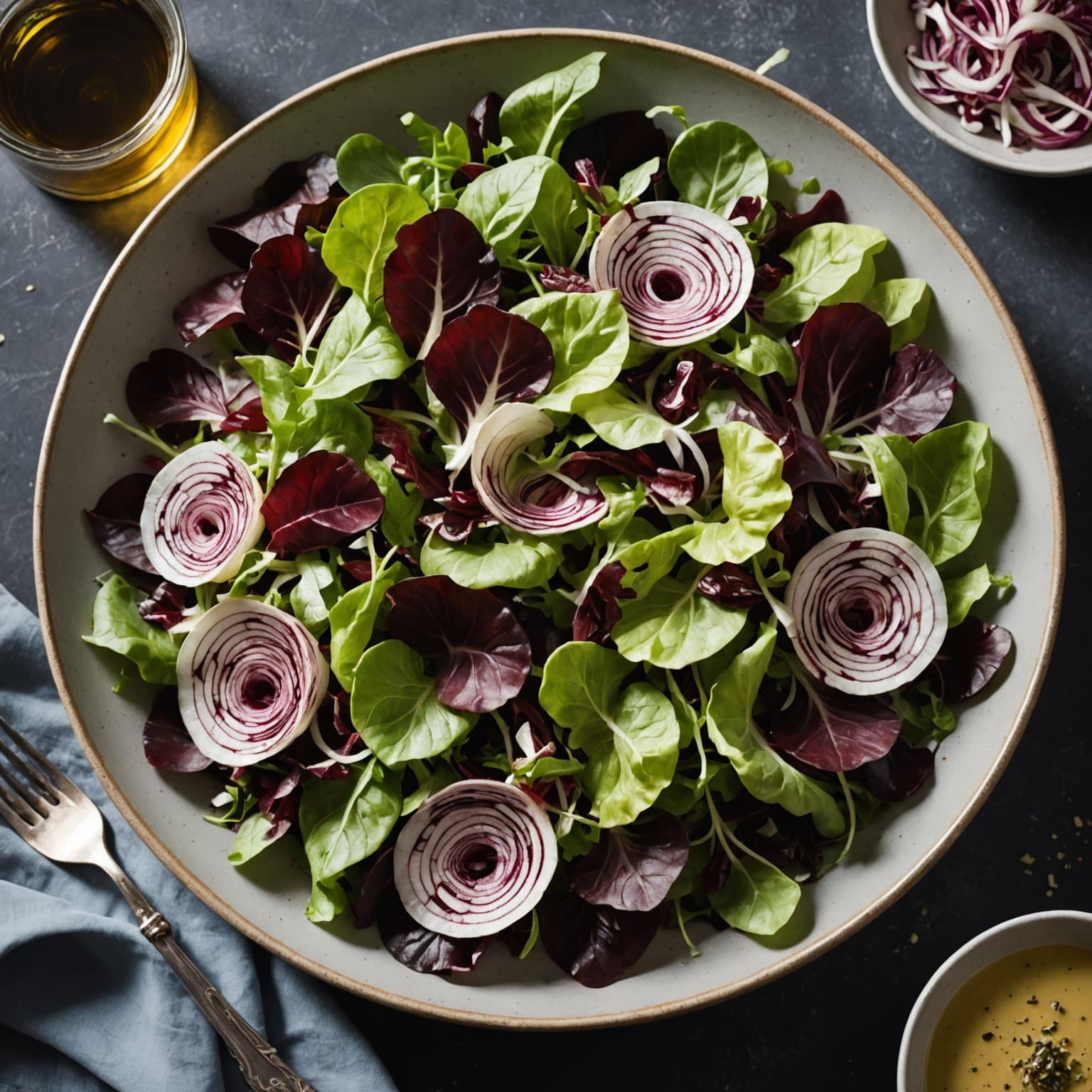 Mesclun- og radicchiosalat med sjalottløkvinaigrette