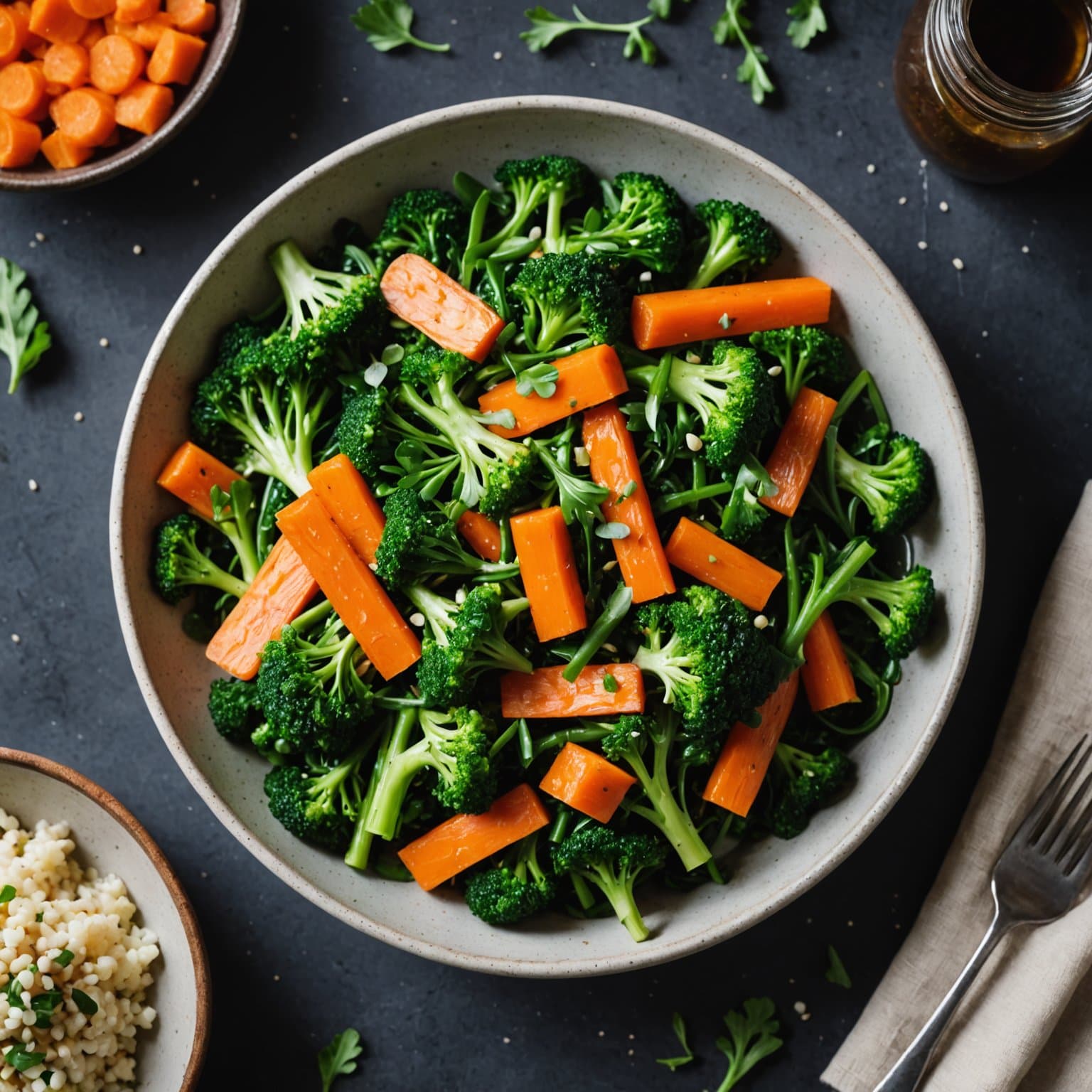 Mikro-rasp, varm-søt salat med brokkoli raab og gulrøtter