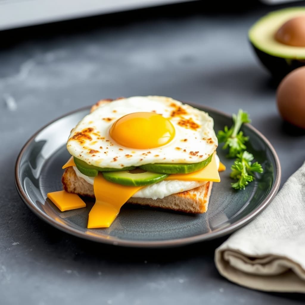 Mikrobølgeegg-sandwich med cheddarost og avokado