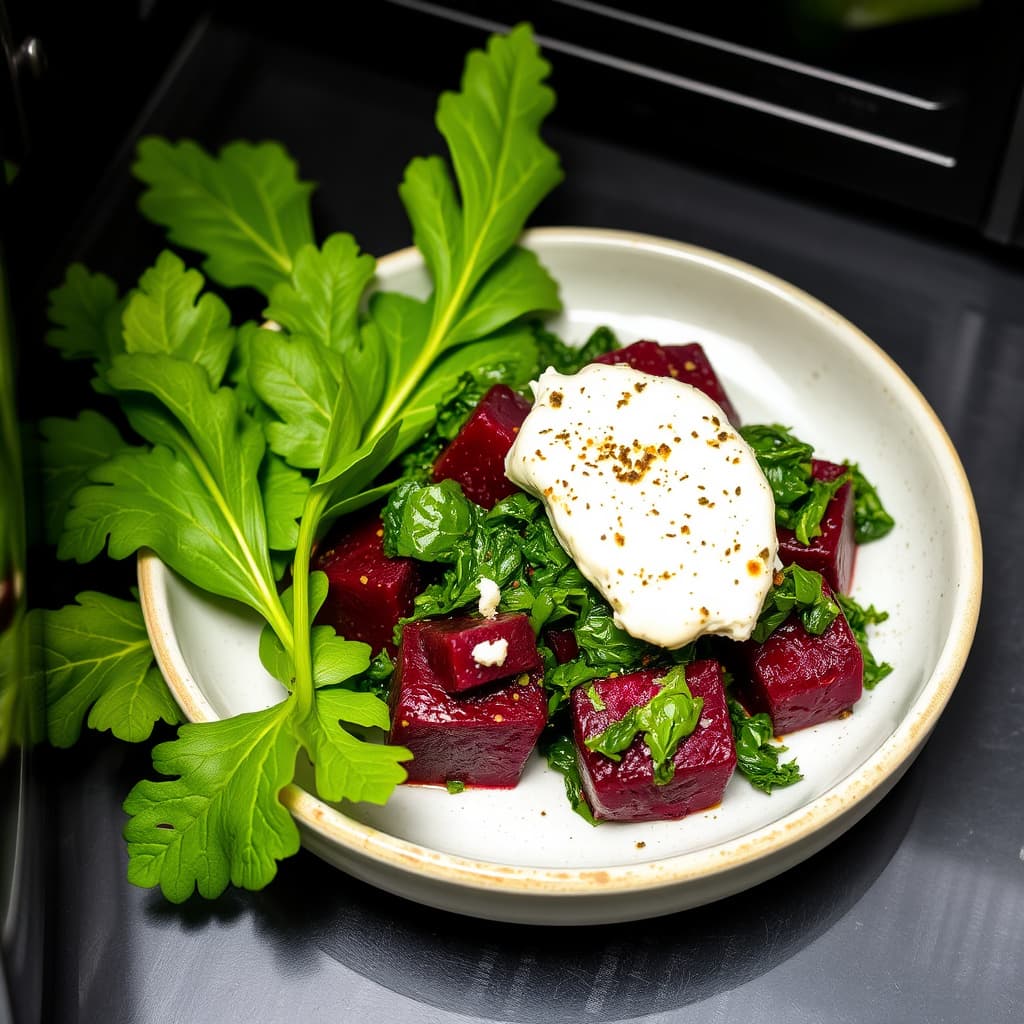 Mikrobølgeovnsbakte rødbeter med grønnsaker og geitost