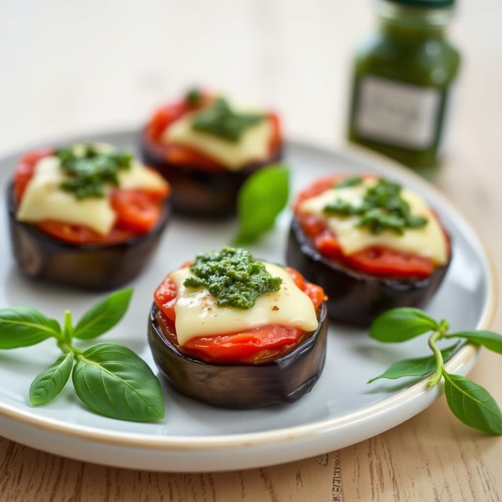 Mini aubergineparmaskiver, ovnsbakte cherrytomater, basilikumpesto