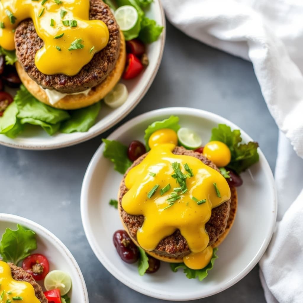 Mini cheeseburger-salat med gul sennepsvinaigrette