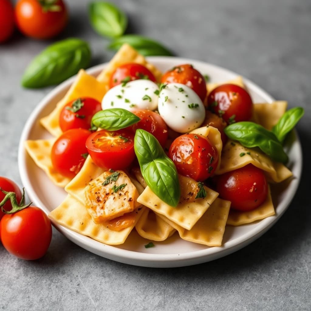 Mini Farfalle med cherrytomater, basilikum og mozzarella