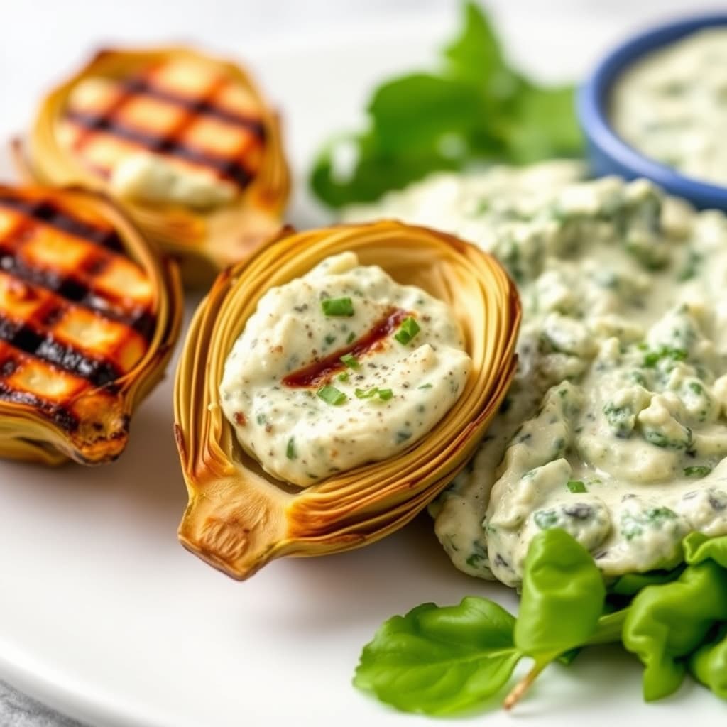 Mini grillede artisjokkhjerter med lavfett spinat og artisjokkdip