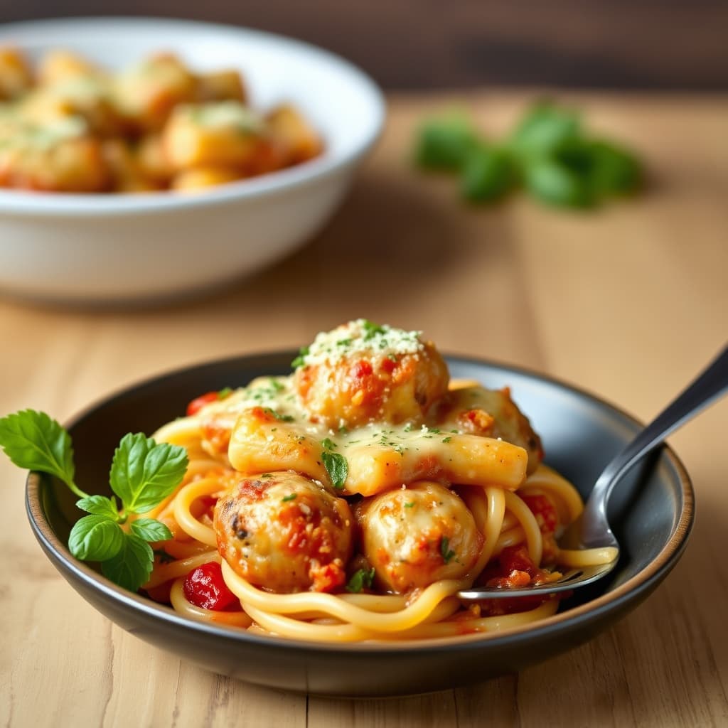 Mini kjøttboller med pasta i ovn