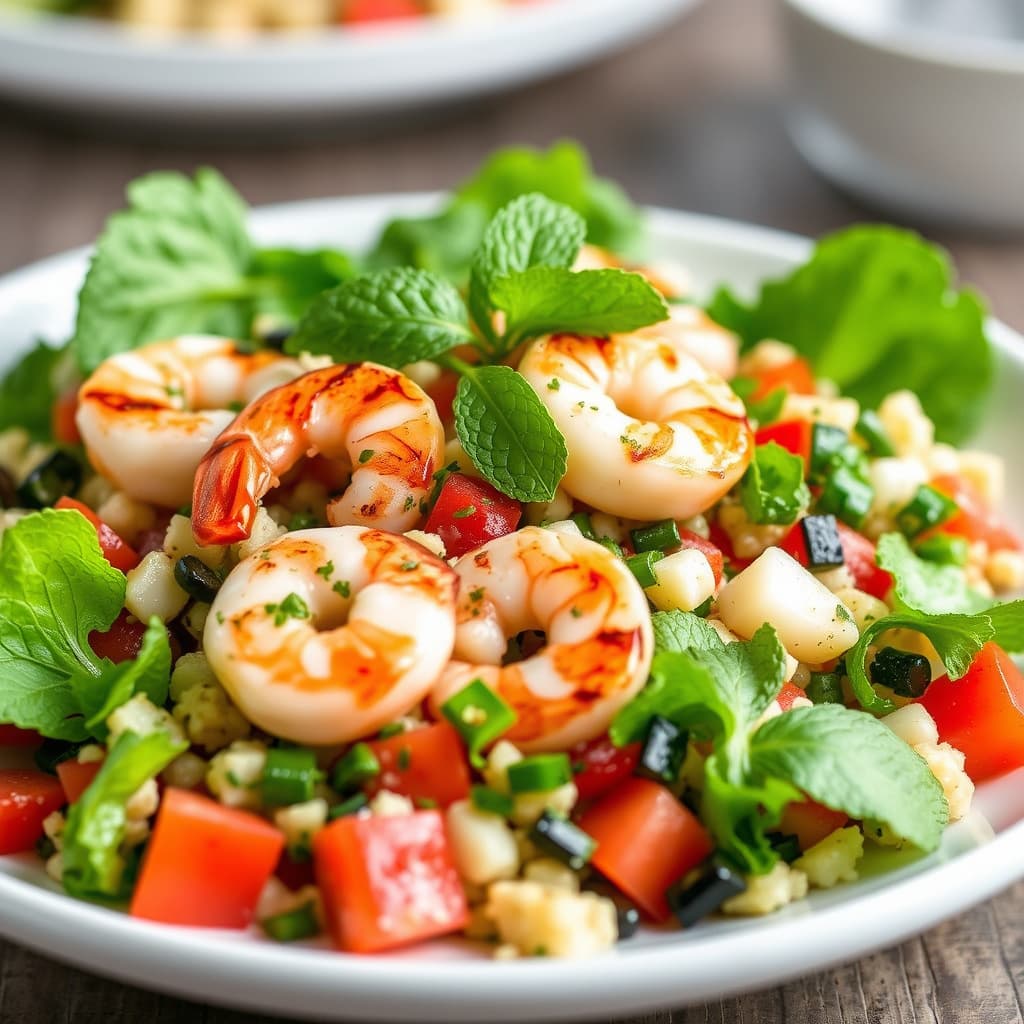 Mint-marinerte grillede reker med tabbouleh-salat