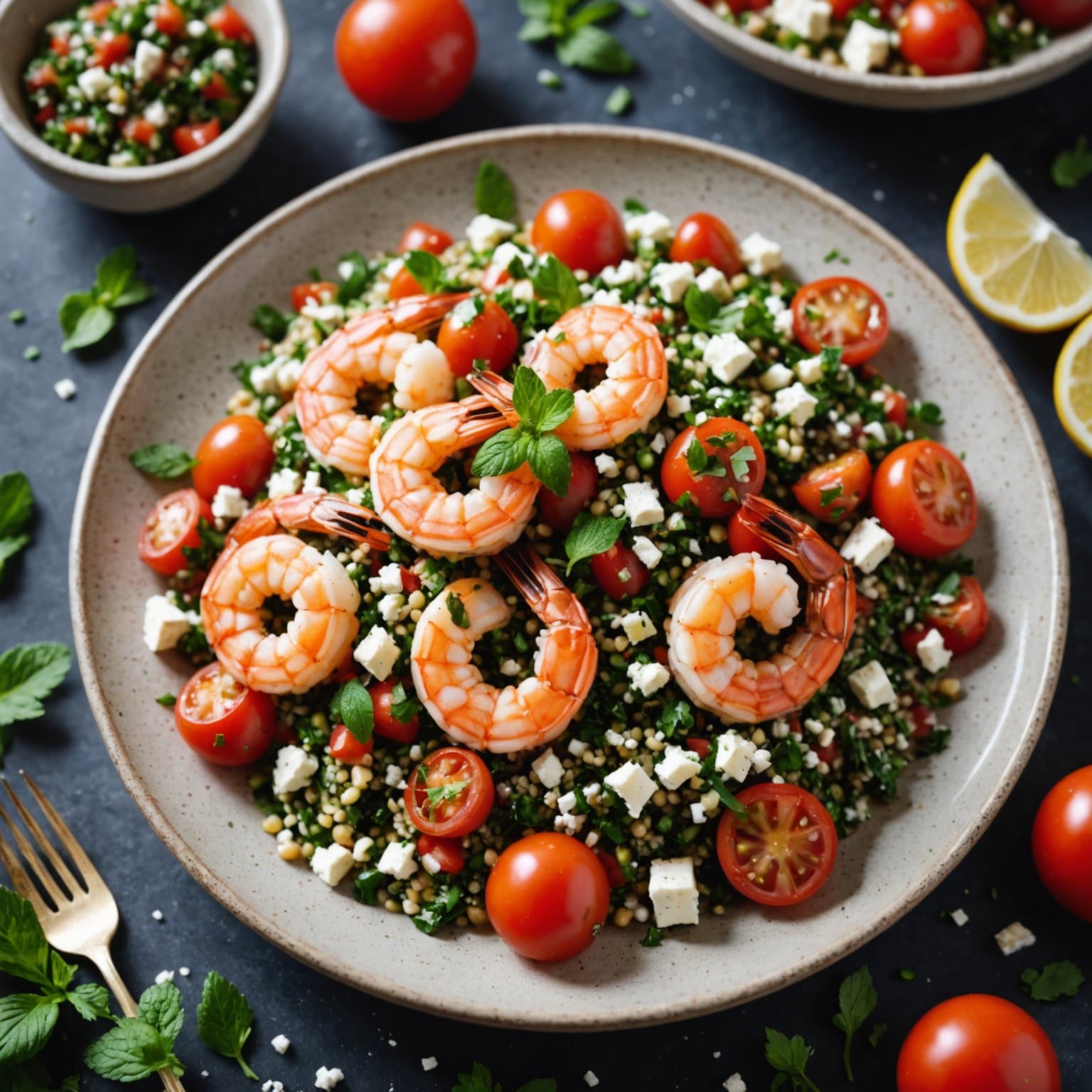 Mint-marinerte reker med tabbouleh, tomater og feta