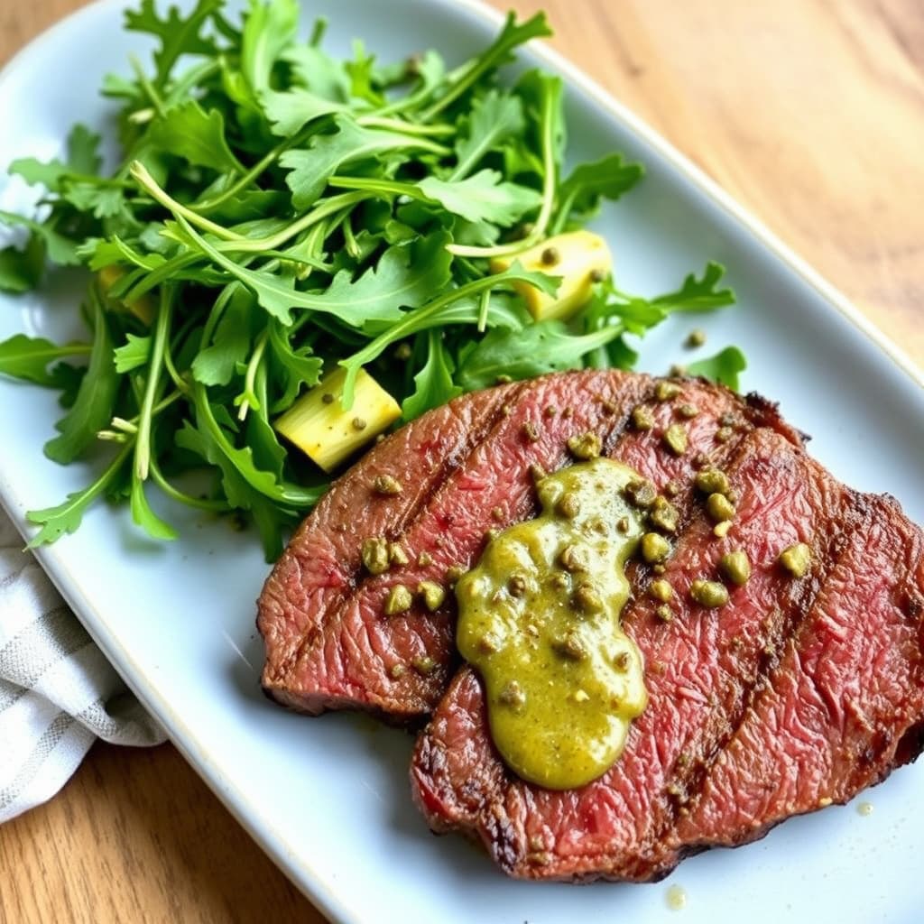 Minuttbiff med ovnsbakt fennikel, ruccola og kapersdressing