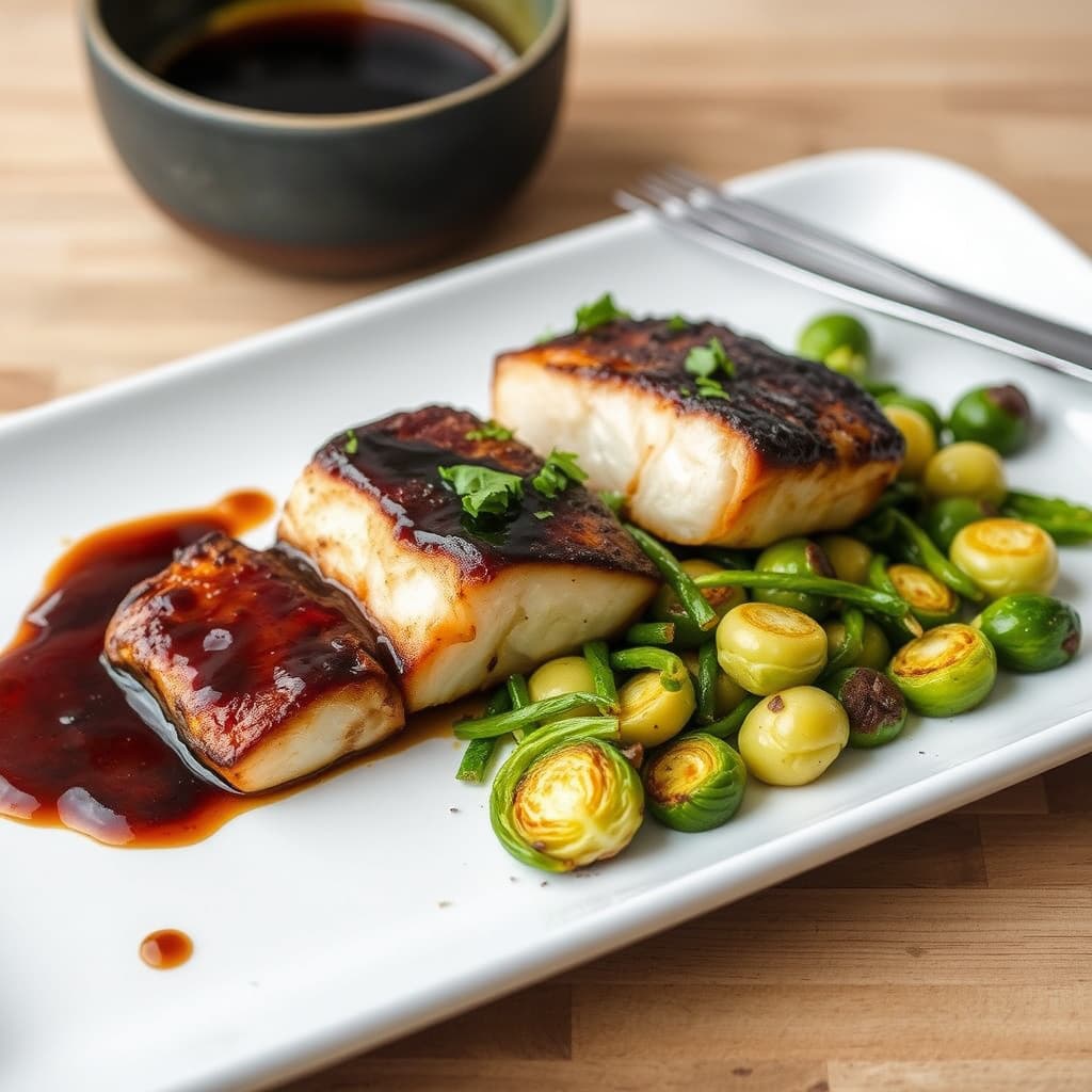 Miso-glassert svart torsk på solsikkespirer