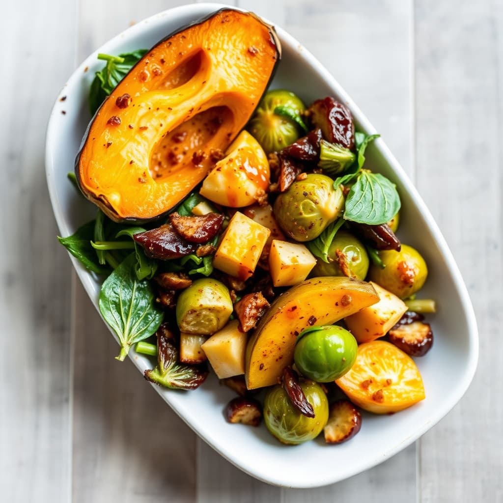 Miso-Harissa-salat med Delicata-pumpkin og rosenkål