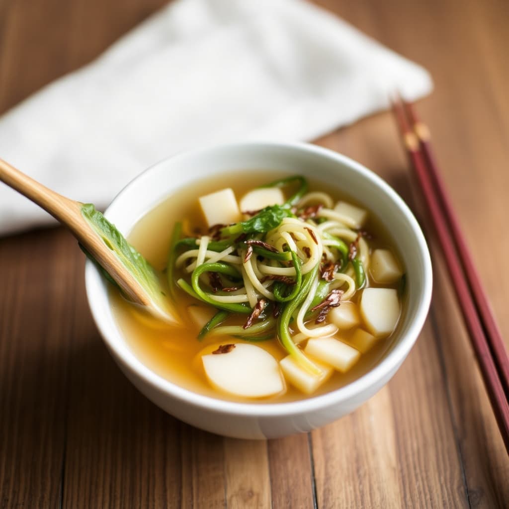 Misobuljong med tatsoi- og enoki-salat