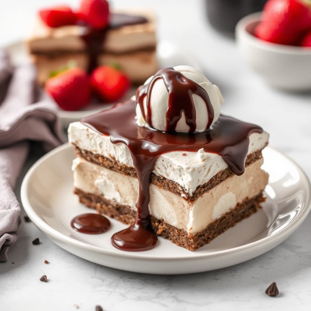 Mocha Kahlua iskremtorte med varm fudge-saus