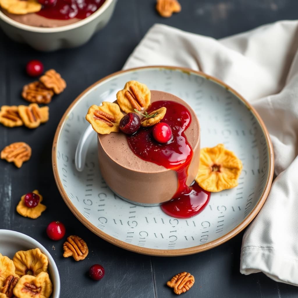 Mocha-mousse med kumquat- og tranebærsaus og filodeig-pekannøttkrisp
