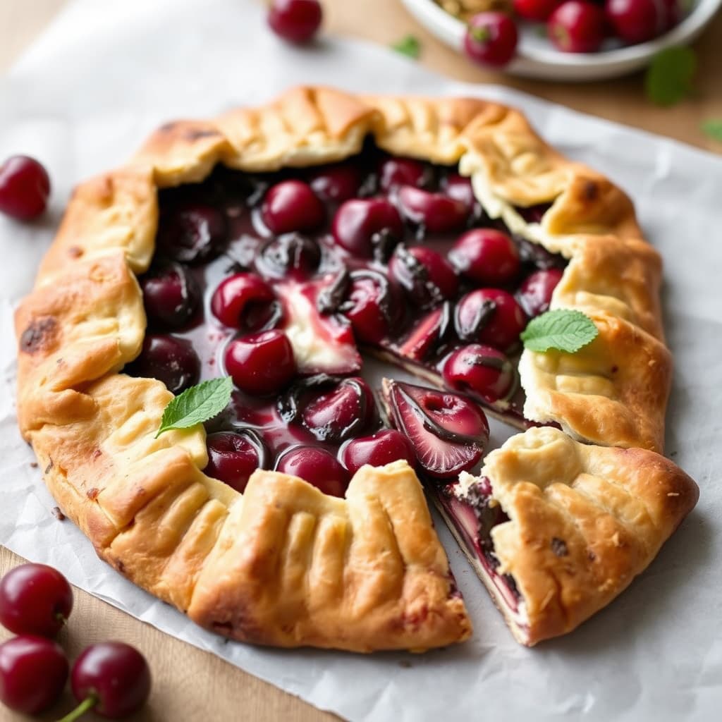 Mørk sjokolade- og kirsebærcheesecake-galette