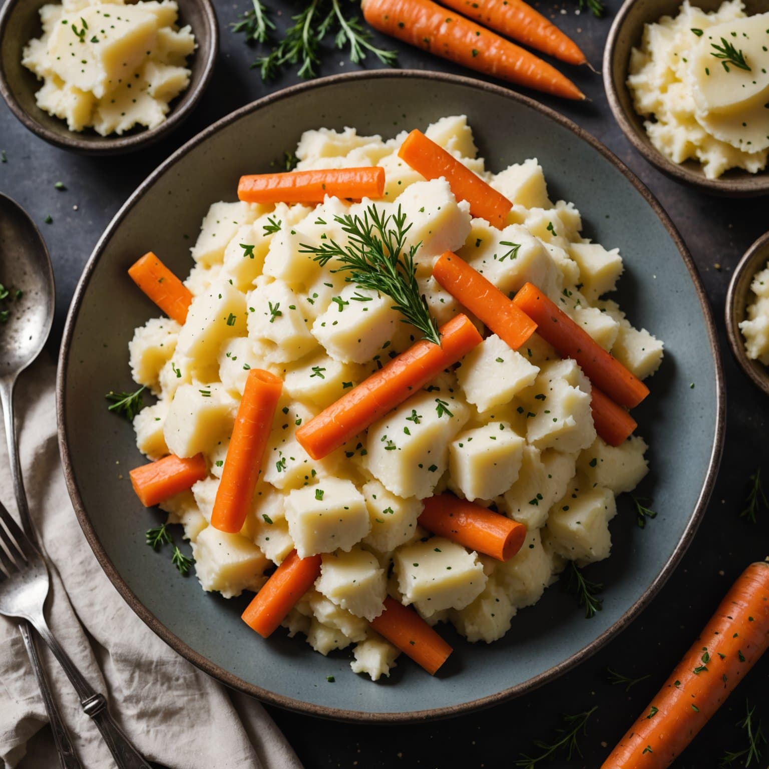 Mosede poteter med persillerot og gulrøtter