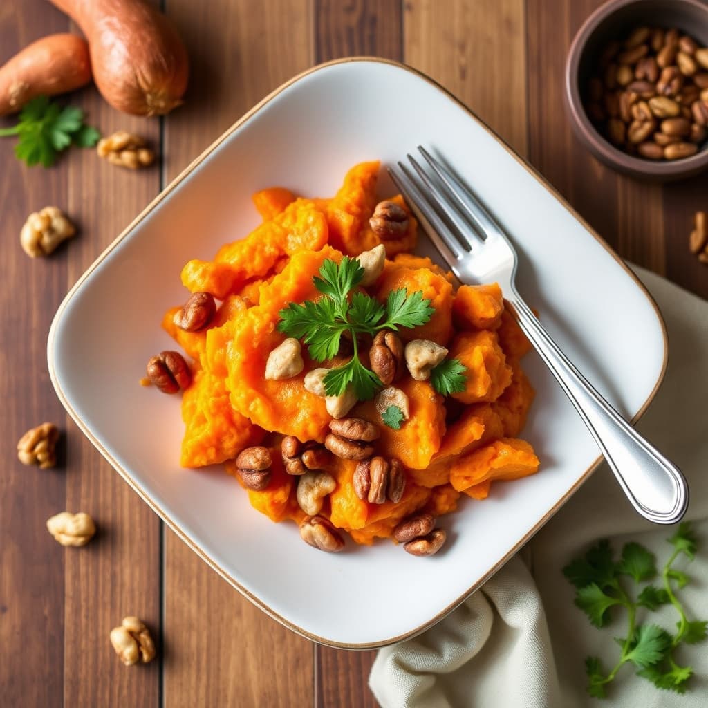 Mosede søtpoteter og gulrøtter med søt-sure valnøtter