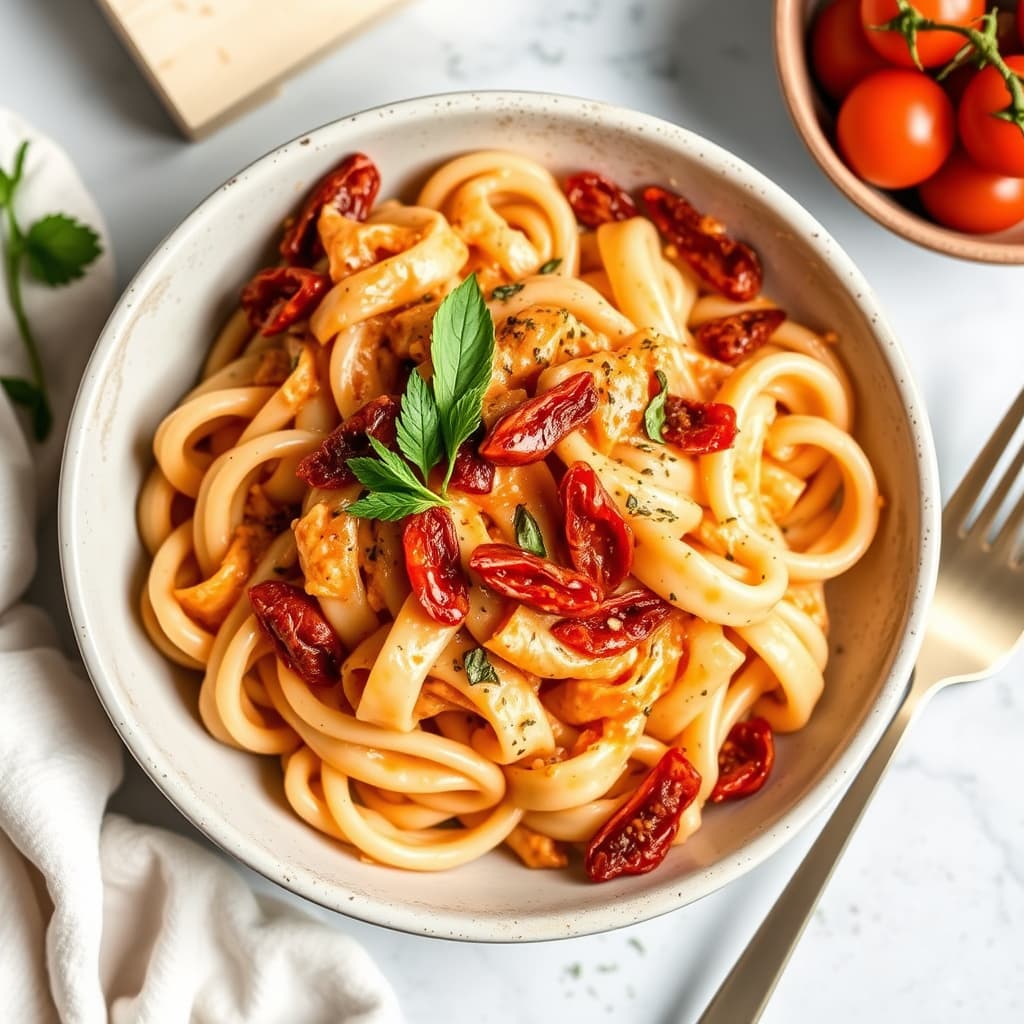Mostaccioli med soltørket tomatsaus og krem