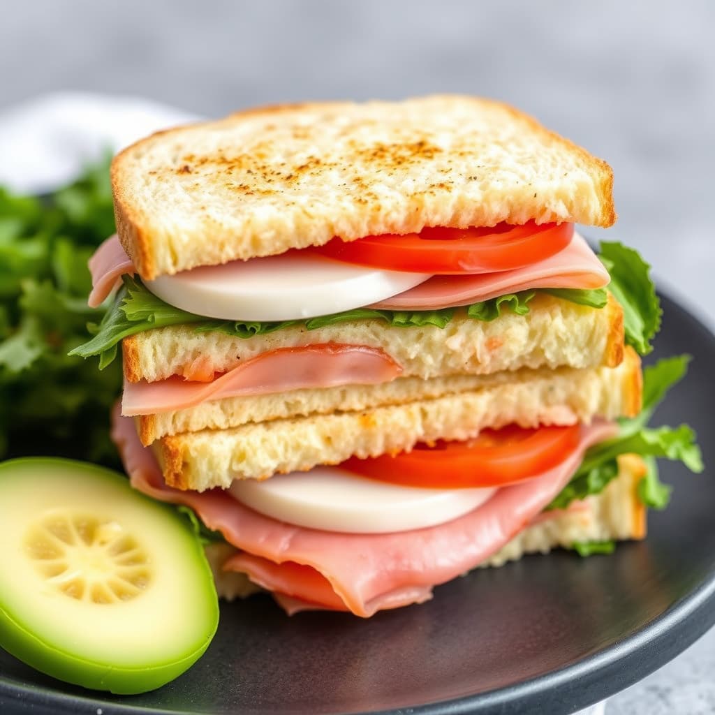 Mozzarella-, tomat- og skinkesandwich med lag