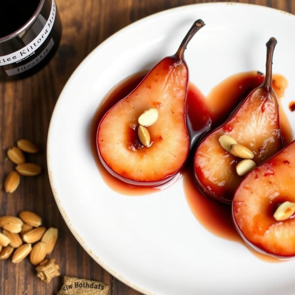 Mulled vin-dampede pærer med ristet mandel