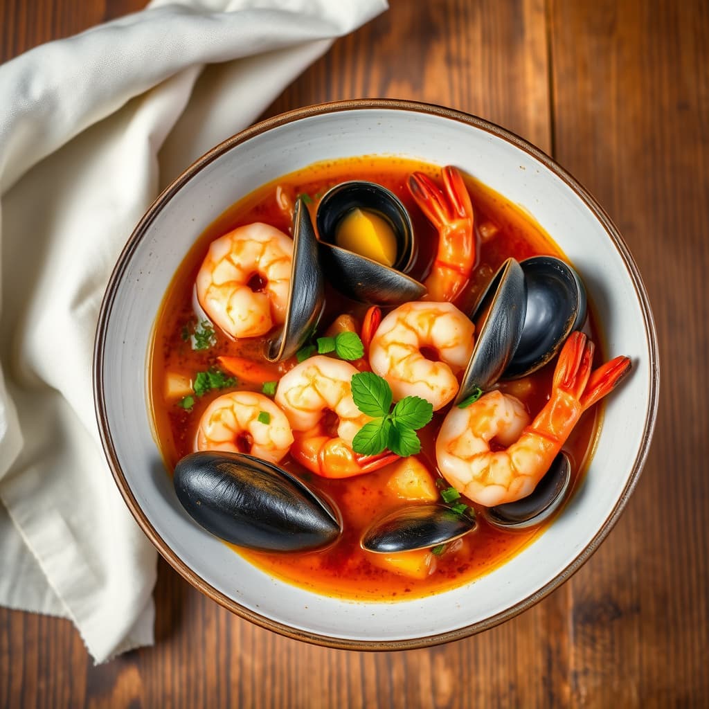 Muslinger, blåskjell og reker i krydret buljong