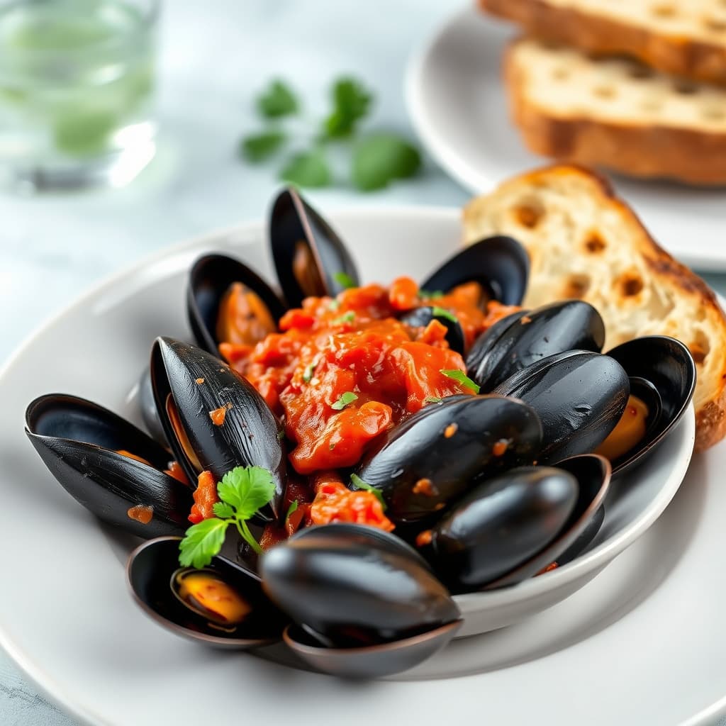 Muslinger med krydret tomatolje og grillet brød