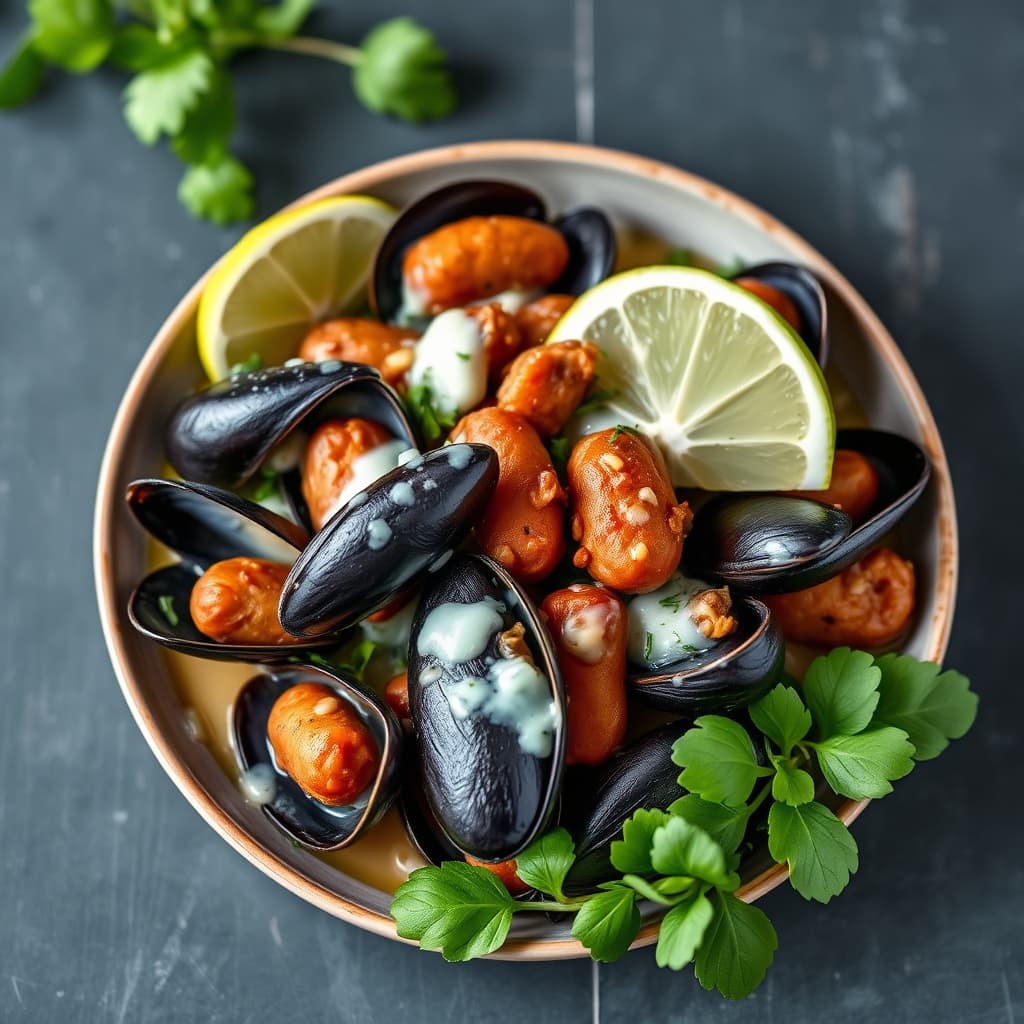 Muslinger med pølse, kokosmelk og lime