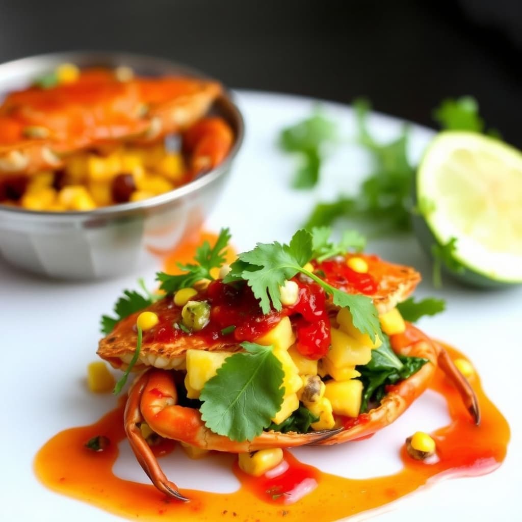 Myke skalldyr med maisrelish, feltgrønt og ovnsbakt rød peppersaus