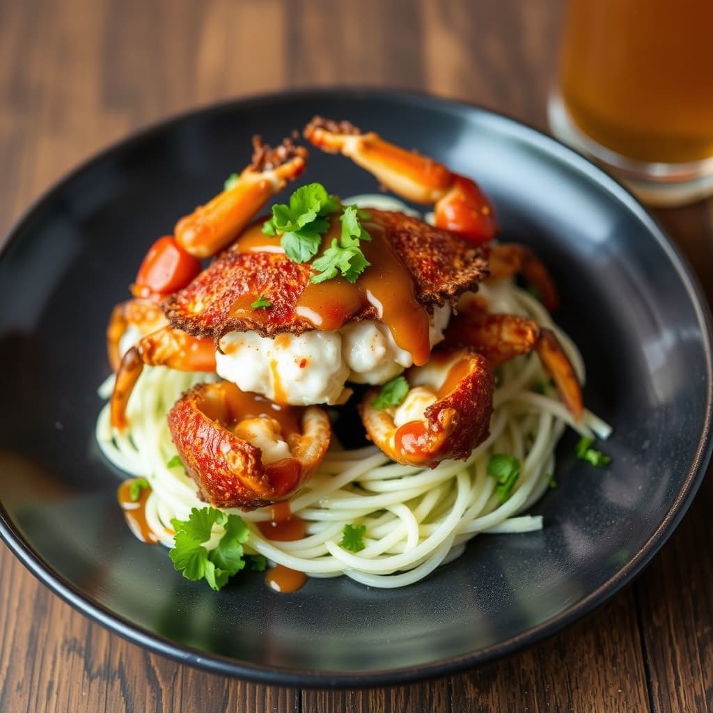 Mykskallet krabbe med en mikroølsaus