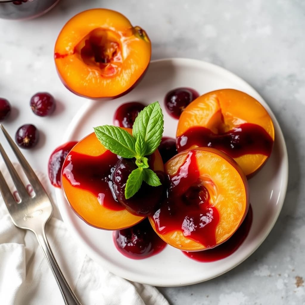 Nektariner med rødvins- og bringebærsaus