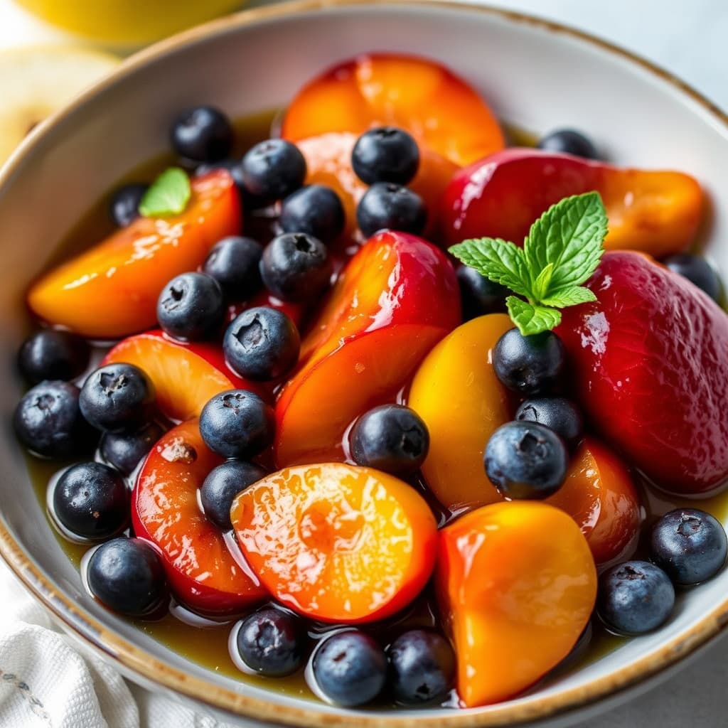 Nektariner, plommer og blåbær i sitron-ingefær-anissirup