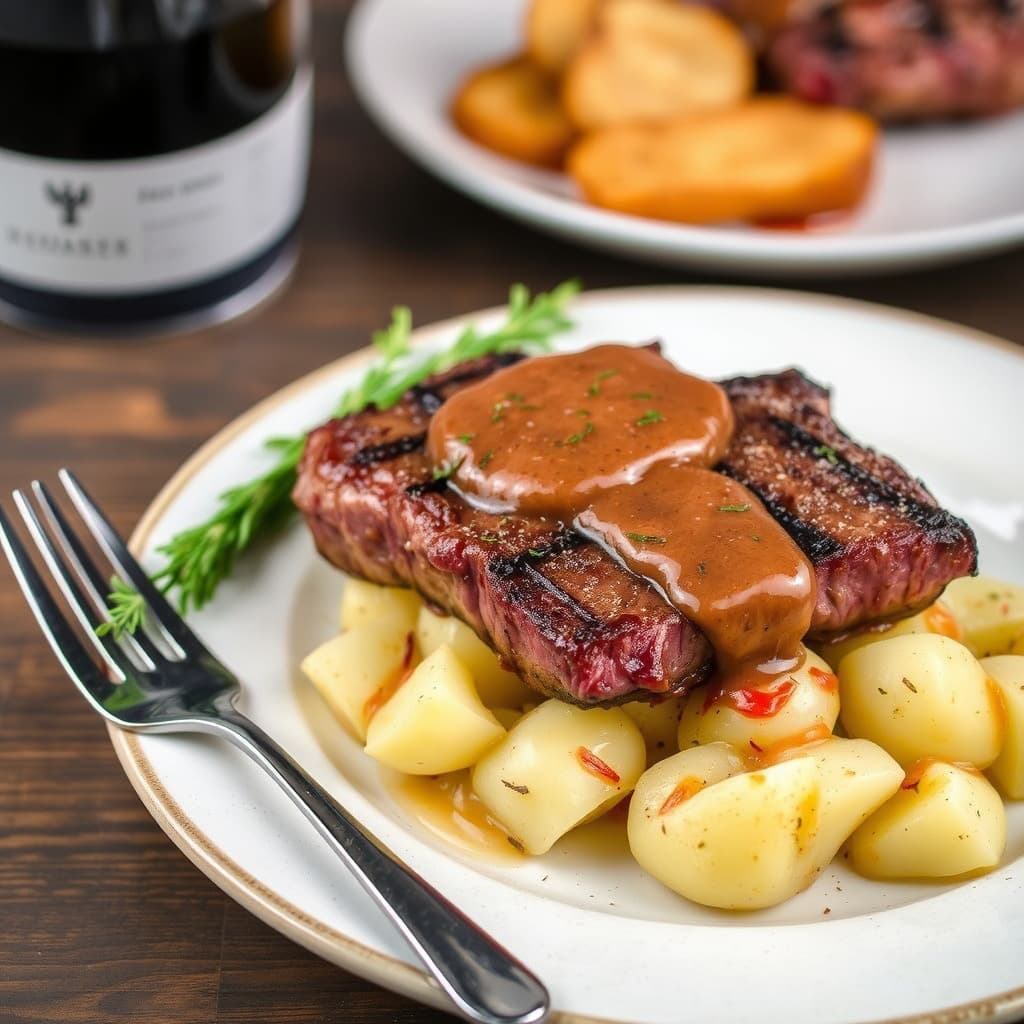 New York Strip-steak med Sauce Robert over småpoteter