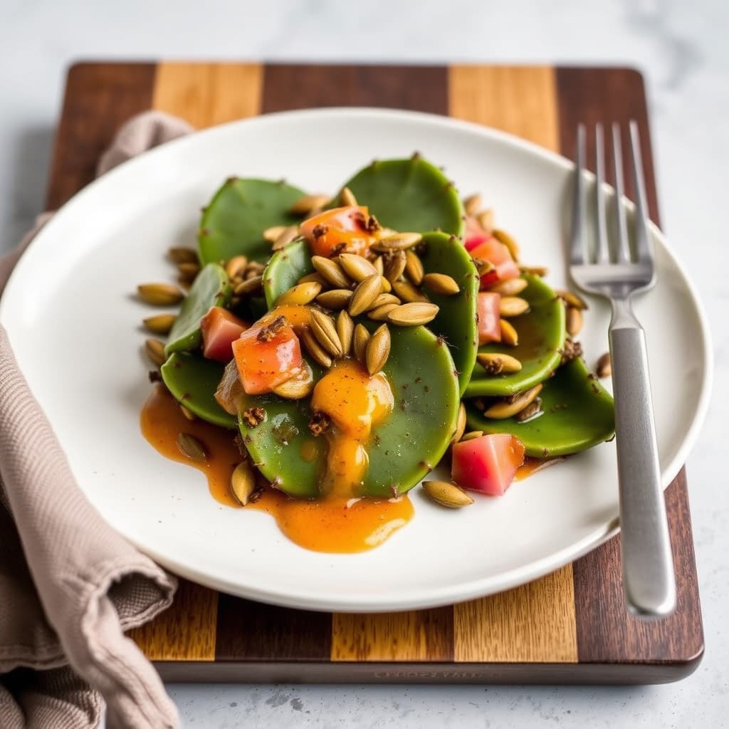 Nopal-kaktus med prickly pear-dressing og ristede gresskarkjerner