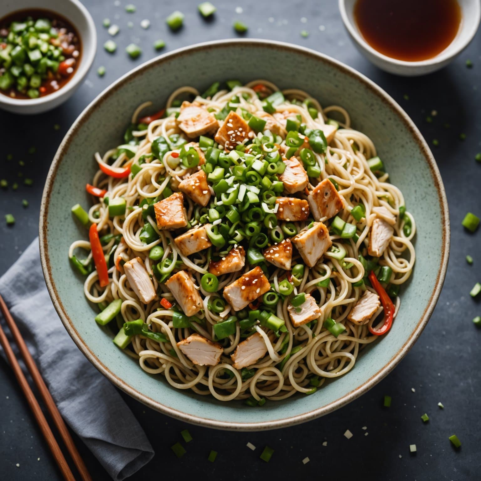 Nudelsalat med kylling og chili-gressløk-olje