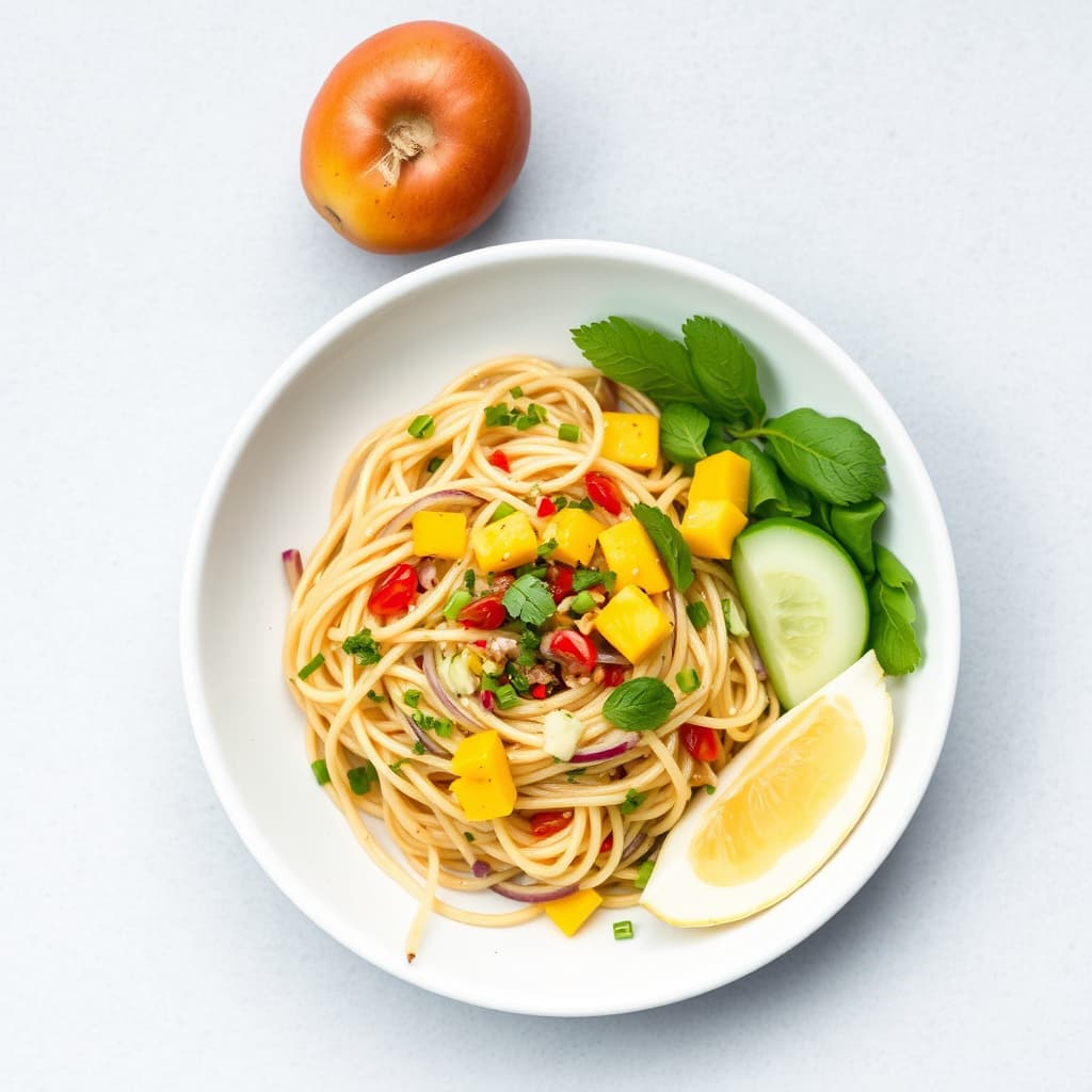 Nudelsalat med mango og ingefæragurk