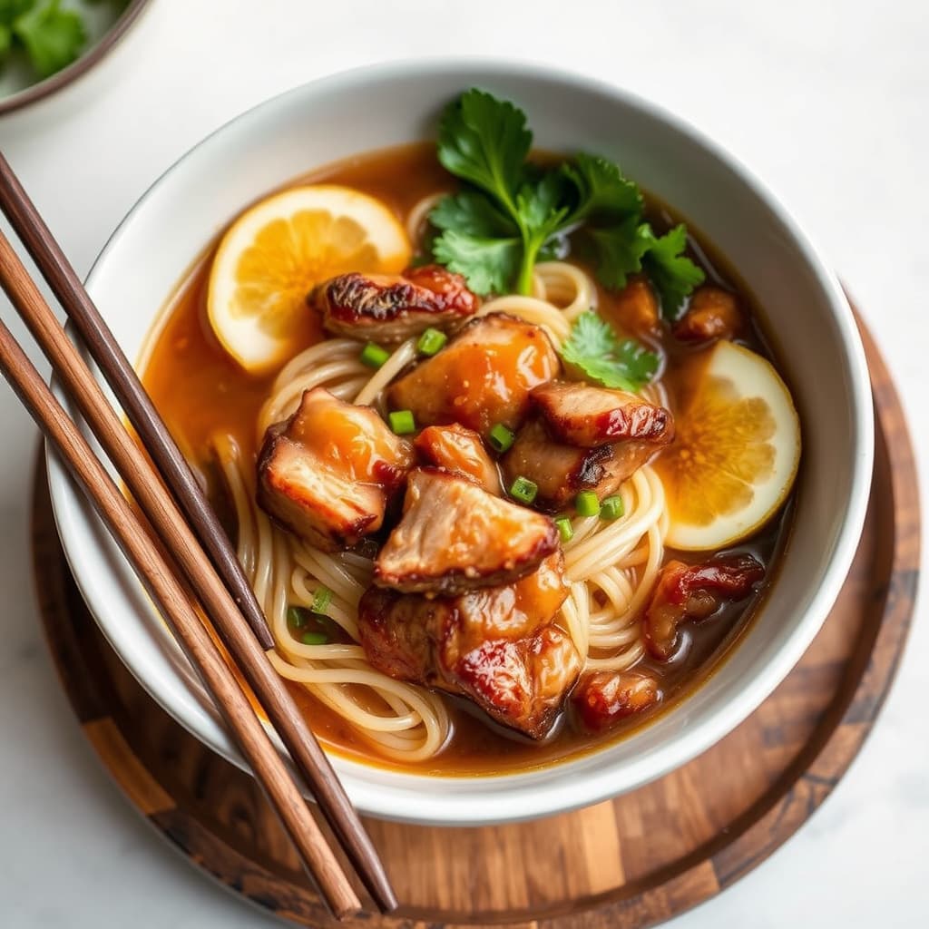 Nudelsuppe med soyasaus-kokt svinekjøtt (Slack Season Tan Tsi)