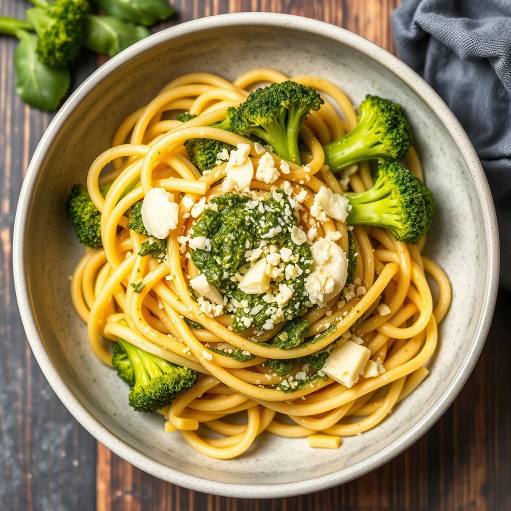 Nudler med pesto, parmesan og brokkoli