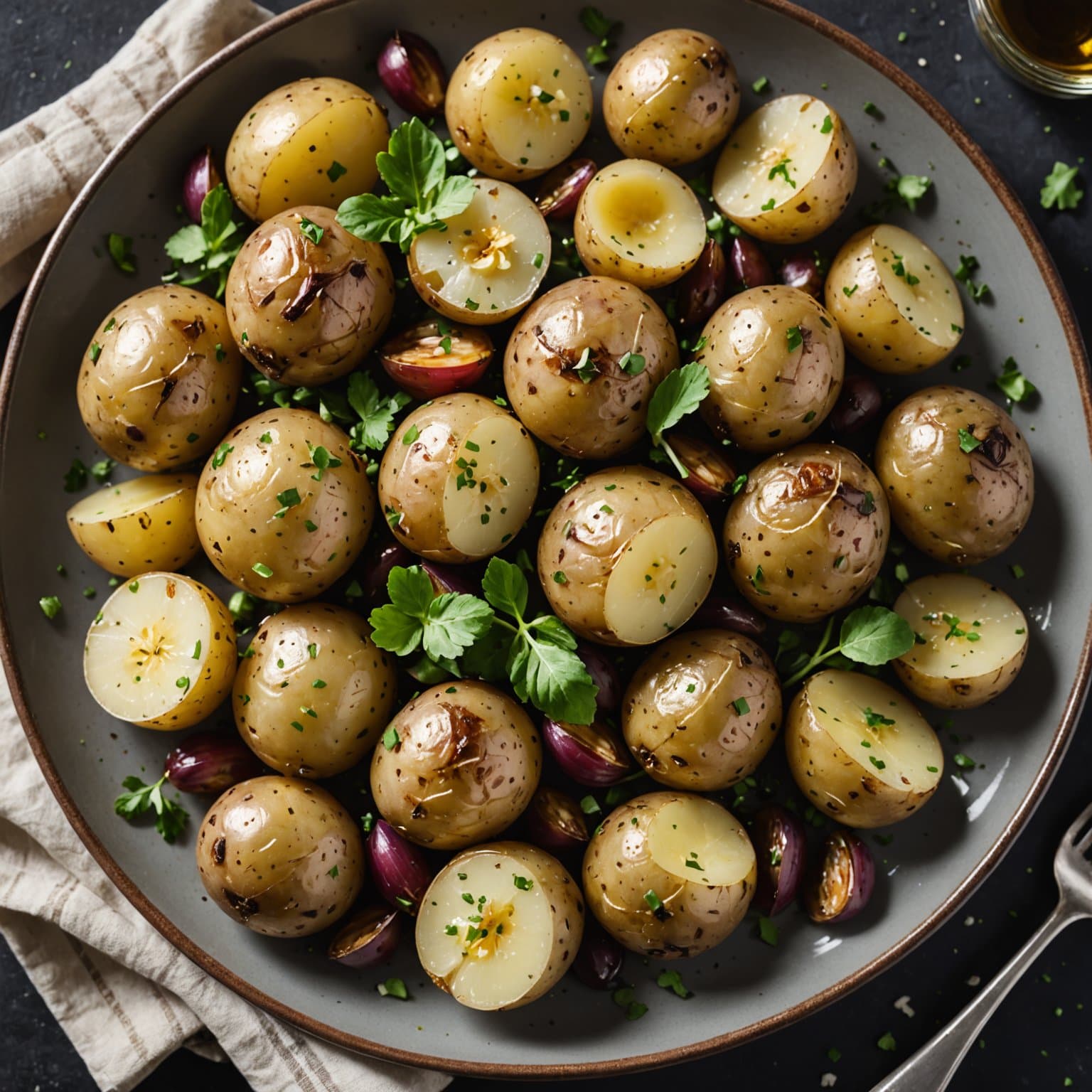 Nye poteter med ovnsbakt hvitløksvinaigrette