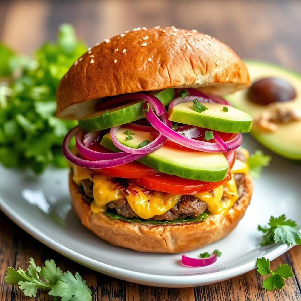 Oaxaca-burger med Manchego, avokado og sylteagurkede habanero-løk